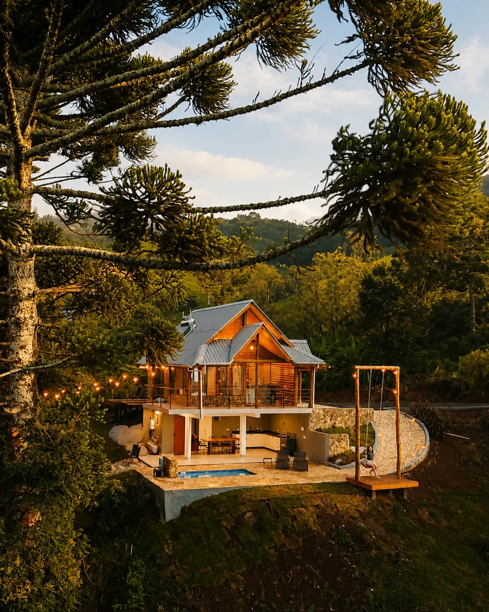Cabana Araucárias entre as árvores, com a iluminação acesa.