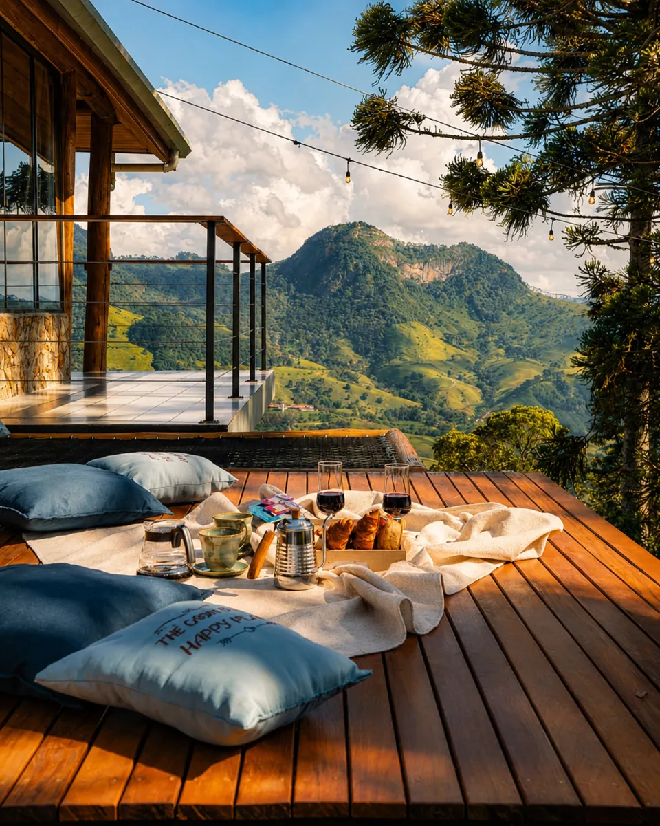 Bandeja com café e frutas no deck de madeira, diante das montanhas.