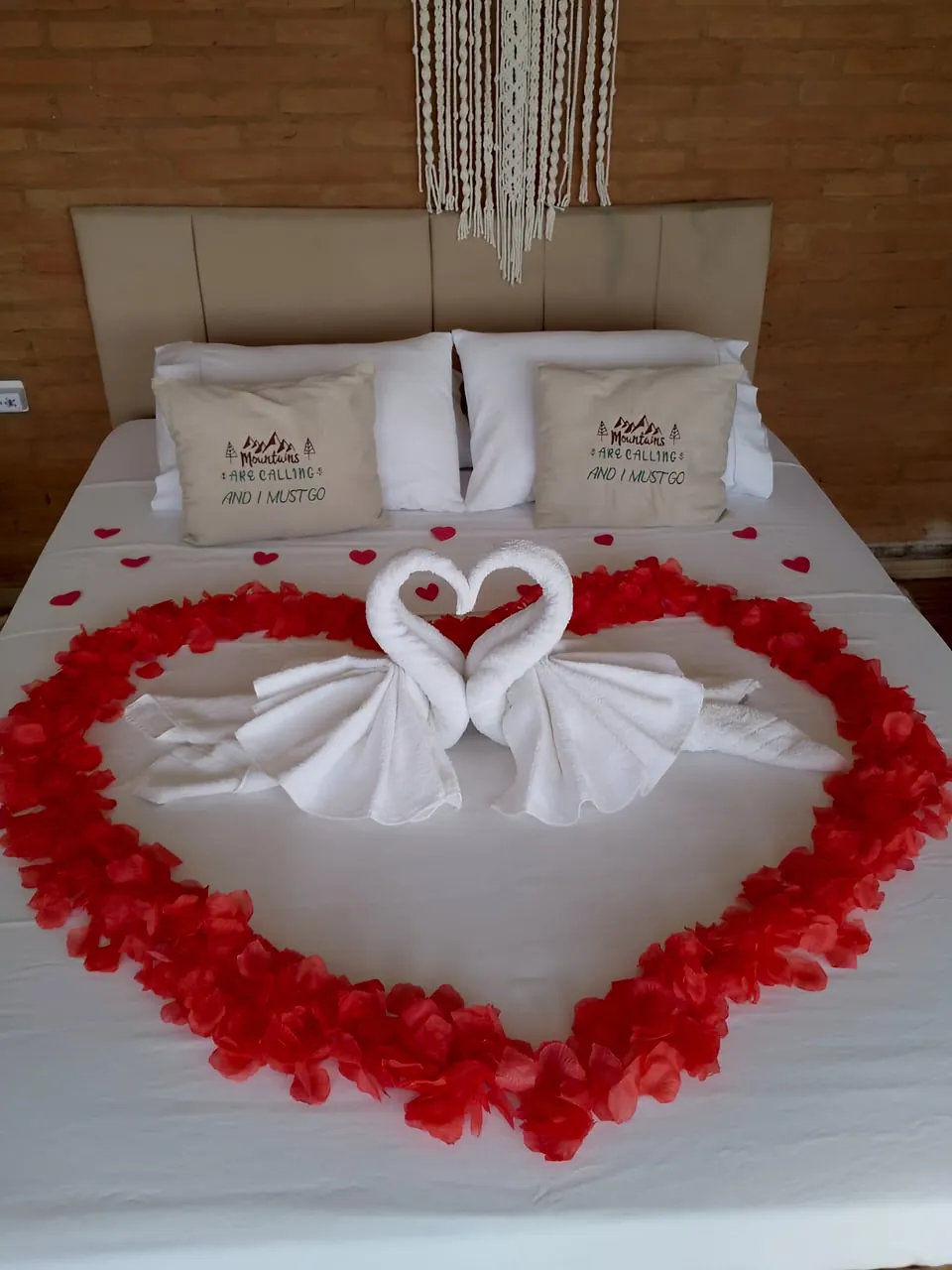 Cama com cisnes de toalha e coração de pétalas vermelhas.